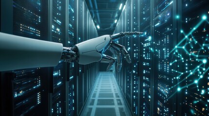 An advanced robotic hand reaches towards a network of illuminated servers, showcasing the integration of artificial intelligence in data management within a modern data center