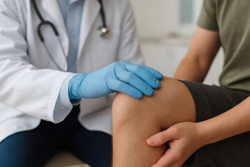 Knee Examination: A doctor in a medical coat, gently examines the knee of a patient during a physical examination, with medical equipment nearby, symbolizing healthcare and wellness. 
