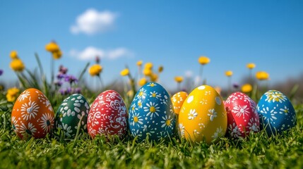 Colorful Easter Eggs Displayed on Green Grass Under Bright Sky
