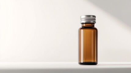 A probiotic supplement in a glass bottle with minimalist packaging, positioned on a white backdrop,
