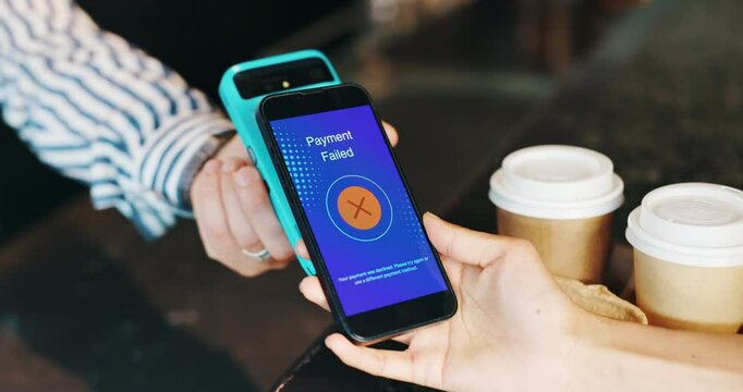 People, phone or hands of customer in coffee shop for fintech app, payment fail or checkout. Screen, low funds or barista with person for transaction rejection, error or debt in cafe or restaurant