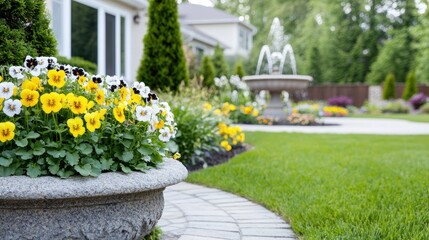 Obraz premium A peaceful garden with a stone fountain and blooming pansies,