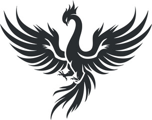 Fototapeta premium Black silhouette of a phoenix with outstretched wings, symbolizing rebirth and transformation.