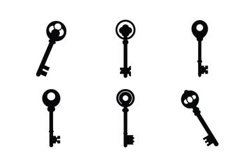 Six stylized silhouettes of antique keys in various orientations against a clean white background.