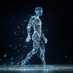 Fototapeta premium Abstract glowing human figure walking, composed of interconnected points of light against a dark background. Digital art with a futuristic feel.