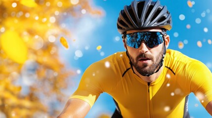 Close up of a cyclist wearing a yellow jersey, black helmet, and blue sunglasses, riding through an autumnal setting with yellow leaves falling around him.