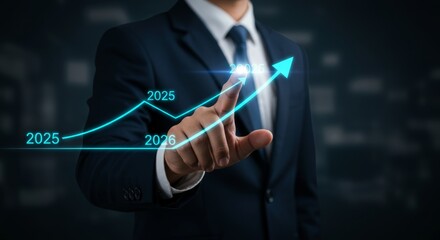Businessman touches holographic upward trend, future growth prospects from 2025 to 2026