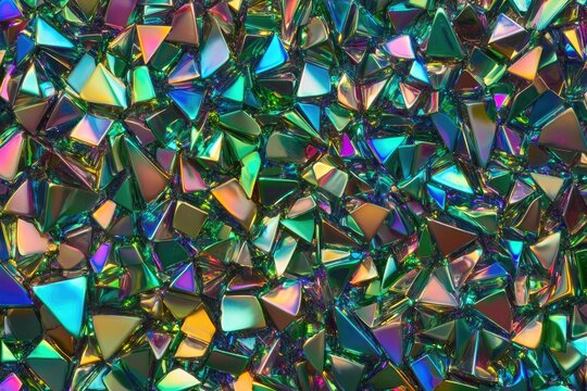 Abstract iridescent shattered crystal texture.  A vibrant, multicolored, geometric pattern composed of many small, faceted, fragmented crystals, showcasing a spectrum of iridescent hues.  