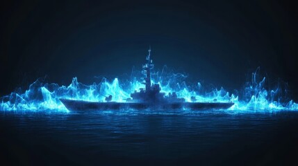 Fototapeta premium Futuristic holographic battleship on digital ocean with illuminated waves