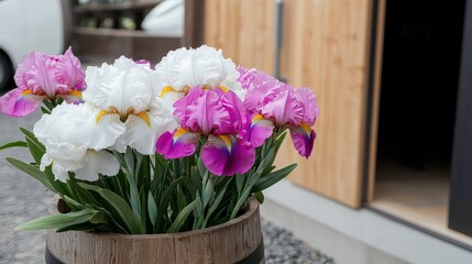 A vibrant spring garden with blooming irises and peonies, © Preecha