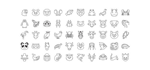Set of animal icons. The simple outline animal icons pack contains icons such as a platypus, whale, cat, horse, gorilla, cow, mammals, reptiles, pets, wildlife, etc. editable stroke	
