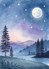 Naklejka premium Dreamy watercolor painting of a night sky with a full moon, stars, and pine trees by a river