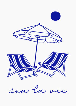 Beach umbrella and two chairs with aesthetic quote "sea la vie". Vintage Coastal wall art, greeting card, poster, wedding invitation, postcard design.