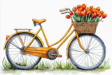 A yellow bicycle with tulips in a basket near a cafe on a white background