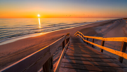 Fototapeta premium Scenic beachfront boardwalk leading to the ocean at sunrise, tranquil morning, peaceful landscape