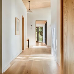 Sunlight streams through a bright, airy hallway in a modern minimalist home showcasing light oak wood floors, white walls, and natural light illuminating the spacious interior