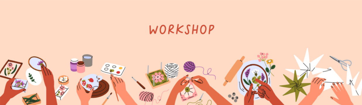 Craft and DIY, artisans hands at needlework, workshop banner design. Handwork, handcraft, needlecraft, handmade art club. Horizontal background for craftwork, embroidery. Flat vector illustration