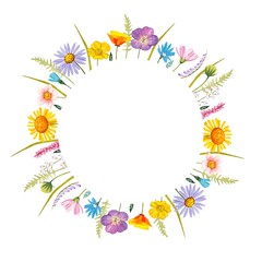 Round frame with meadow flowers. Watercolor illustration