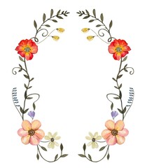 Floral wreath with dark green leaves and dried pressed flowers. Watercolor