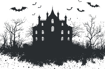 Spooky haunted house silhouette with bats and bare trees, perfect for Halloween themes.