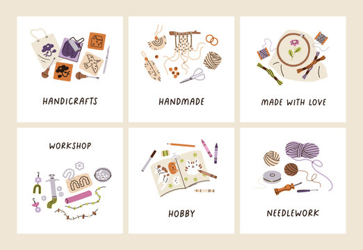 Handicraft and needlework, post cards, square designs set. Craft and DIY handwork, handcraft, needlecraft, artistic handmade embroidery, macrame. Creative craftwork hobbies. Flat vector illustration - Powered by Adobe