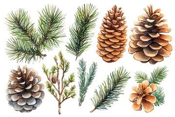 Fototapeta premium Watercolor Illustration Of Pine Cones And Branches For Christmas And Winter Designs