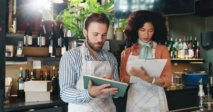 Tablet, team and review with people in cafe for inventory checklist, restaurant management and small business. Customer experience, critic and menu rating with man, woman and coffee shop app update