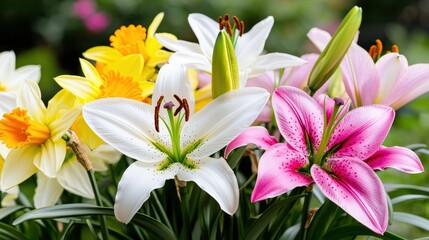 Fototapeta premium A vibrant spring garden with blooming lilies and daffodils,