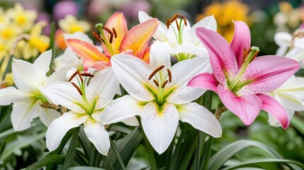 Fototapeta premium A vibrant spring garden with blooming lilies and daffodils,