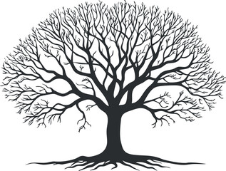 Silhouette of a tree with intricate branches and roots on a white background.