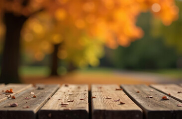 An empty table in close-up against the background of autumn leaves 