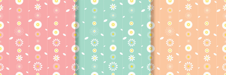 Obraz premium Set of delicate floral pastel prints. Seamless pattern with white flowers and herbs. Wild flowers on pink, beige and green background. Vector graphic