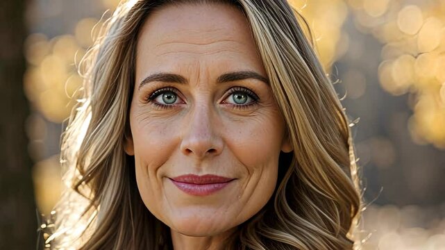 Cinematic portrait of mature woman outdoor at Summer Day - Mindfulness Holistic Healing and Relaxation.