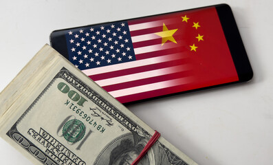 Import Trade Tariffs increase concept with United States of America Flag. Trade wars