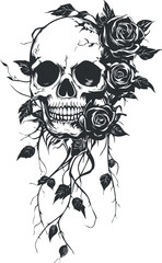 Black and white skull illustration with roses, blending gothic and floral elements in intricate design.