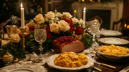 Naklejka premium A festive holiday table featuring a roasted ham centerpiece, cranberry sauce, and sweet potato casserole, styled with seasonal decor