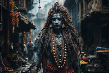 Hindu Sadhu as Lord Shiva, ash-covered ascetic with matted hair, traditional costume, walking through ancient alleyway, spiritual atmosphere, cultural portrayal