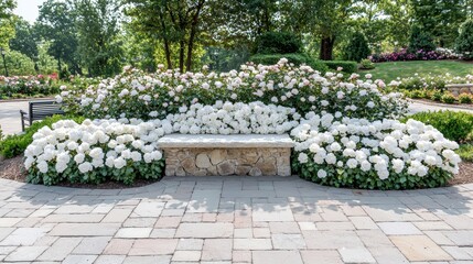 Fototapeta premium A peaceful garden with a stone bench and blooming roses,