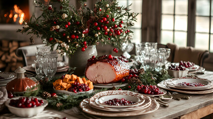 A festive holiday table featuring a roasted ham centerpiece, cranberry sauce, and sweet potato casserole, styled with seasonal decor