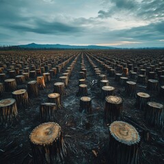 Obraz premium Deforested Landscape with Tree Stumps Under a Cloudy Sky