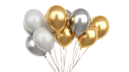 A set of elegant golden and silver balloons tied together for a luxury birthday celebration on a transparent background 