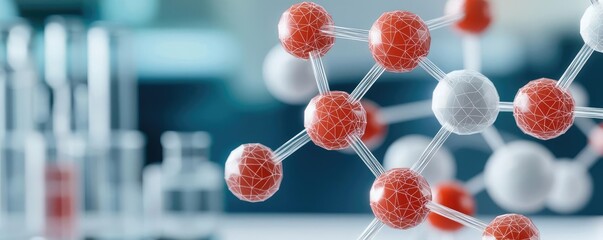 Biotechnology polygonal wireframe for chemical research concept. Molecular model showcasing chemical structures and laboratory equipment.