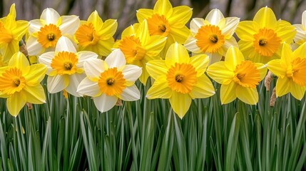 Fototapeta premium A vibrant spring meadow filled with yellow daffodils and green grass, offering a cheerful backdrop with room for branding messages,