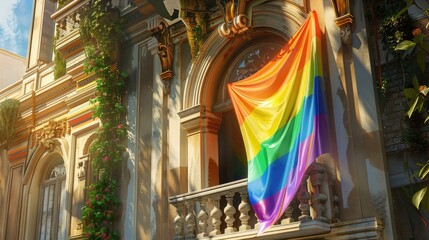 An LGBTQ+ rainbow flag gracefully drapes over the stone balcony of an old, ornate building.