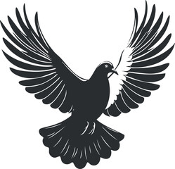 Fototapeta premium Black and white silhouette of a dove in flight with wings spread elegantly.