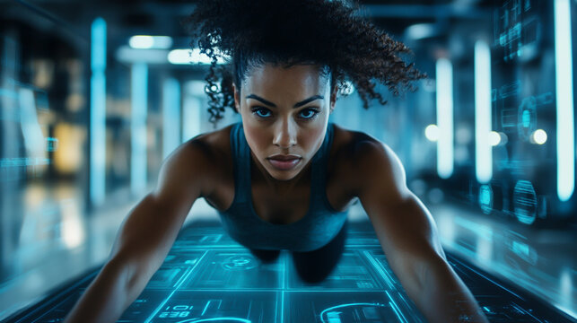 Modern fitness technologies empower her to surpass limits while maintaining optimal health and wellness