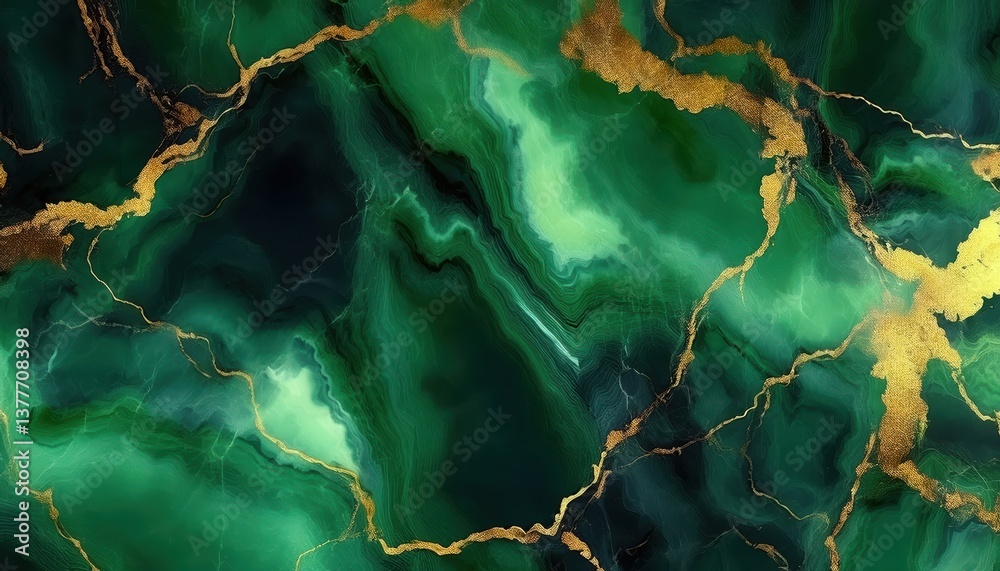Poster luxury emerald green and gold marble texture with abstract fluid veins, elegant gemstone pattern for