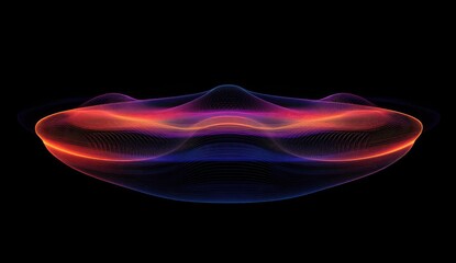 Abstract, vibrant, colorful, wave-like,  form against a black background.  It displays smooth, undulating lines and gradients of  red, orange, purple, and blue hues