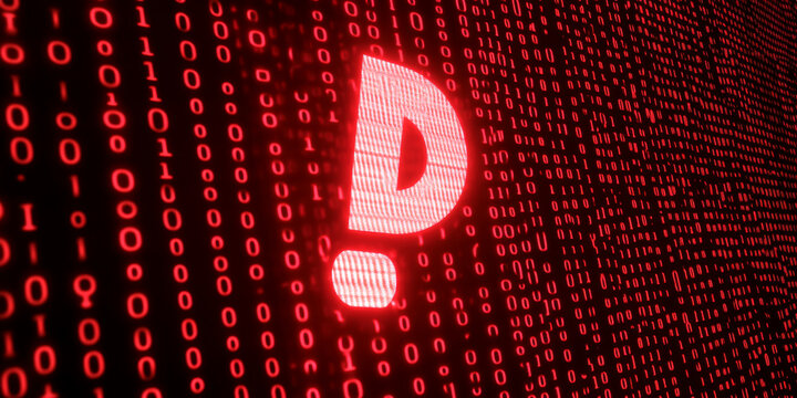 Red question mark formed by binary code digits, against a background of more binary code, representing digital query, enigma, or uncertainty