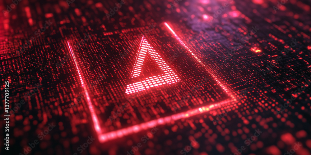 Poster red glowing digital symbol within a square frame, set against a backdrop of binary code, representin